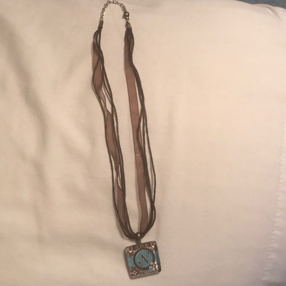“N” initial teal and brown necklace